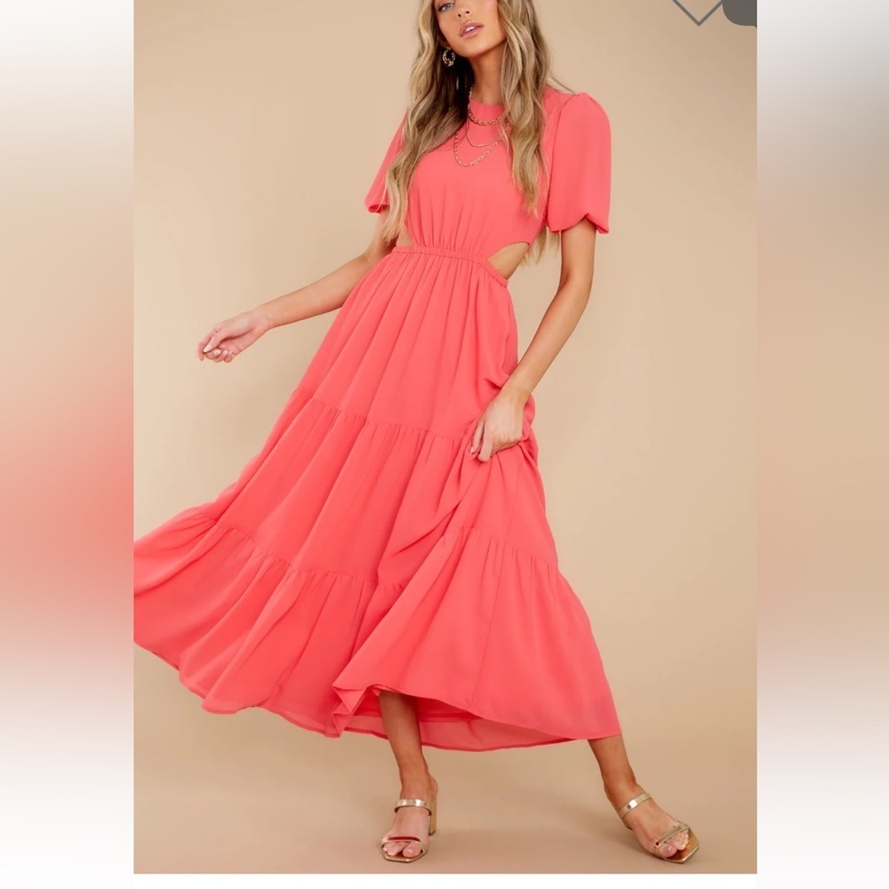 NWT Aura size Small coral puff sleeve maxi Length‎ Dress with side cutouts